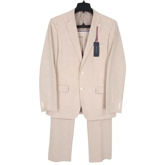 Tommy Hilfiger Mens Modern Fit 2 Piece Suit 42L 36x32 Light Tan Linen Cotton NWT