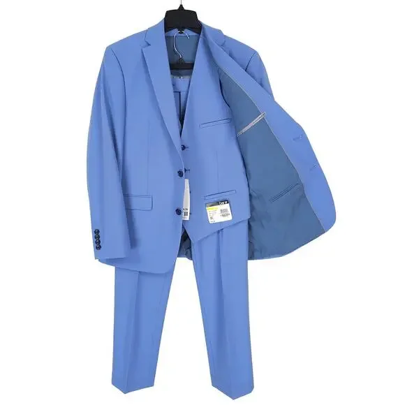 Bar III Mens Slim Fit 3 Piece Suit 40R 34x34 Light Blue Solid Power Stretch Wool