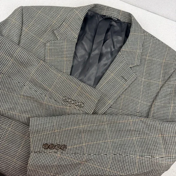 Jos A Bank Mens Blazer 44L Grey Silk‎ Wool Houndstooth Windowpane Sport Coat
