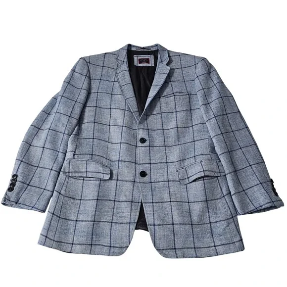 UNTUCKit Bierzo Blazer 42R Blue Windowpane Linen Wool Lanificio F.G Italy Luxury