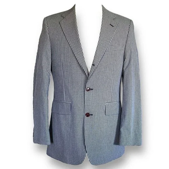 Orvis Mens Sport Coat Jacket 38R Navy Blue Beige Gingham Cotton Blend Two Button