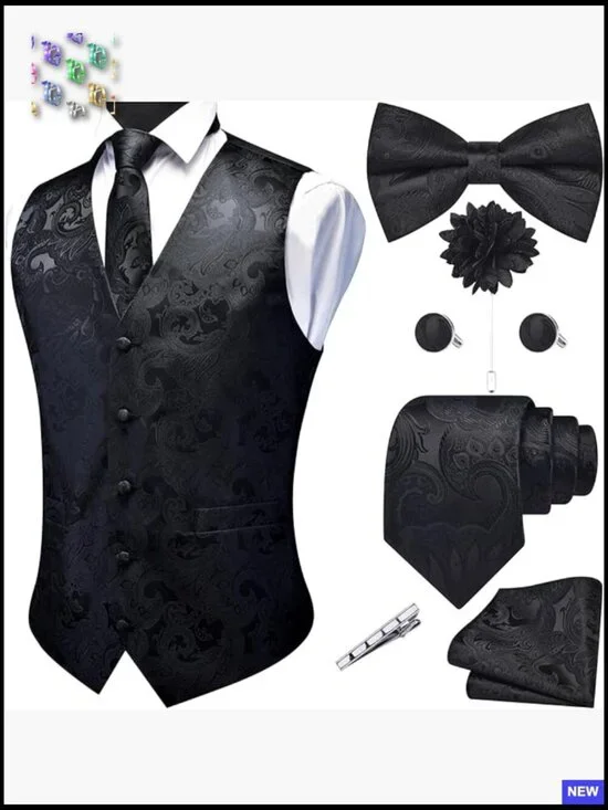 Men's Formal V-Neck Vest Set Paisley Jacquard Silk Blend Elegant Wedding Attire