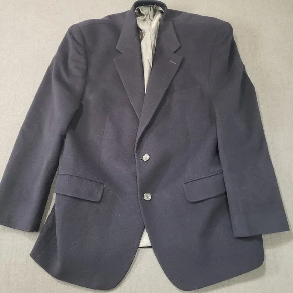 Chaps Solid Navy Blue Wool/Silk/Cashmere Blend Two Button Blazer‎ Size: 44R