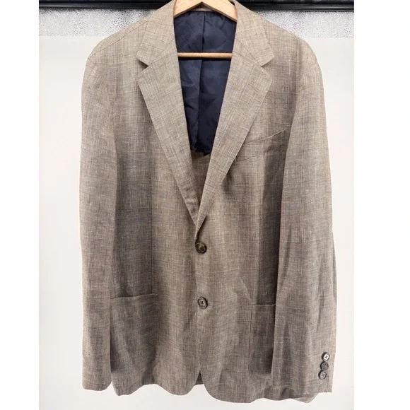 Faconnable Wool Linen Blend Plaid  Mens‎ XL Brown Unstructured Blazer 0836