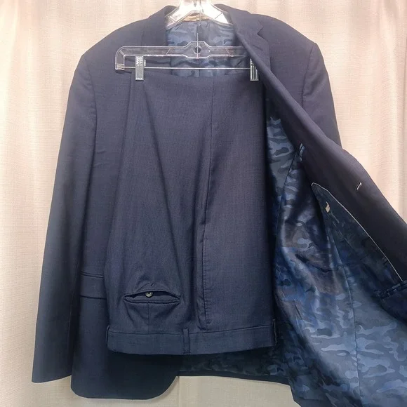 Joseph Abboud‎ JOE Navy Camo Wool Super 120s Slim Fit Suit Coat 46L Pants 36x32