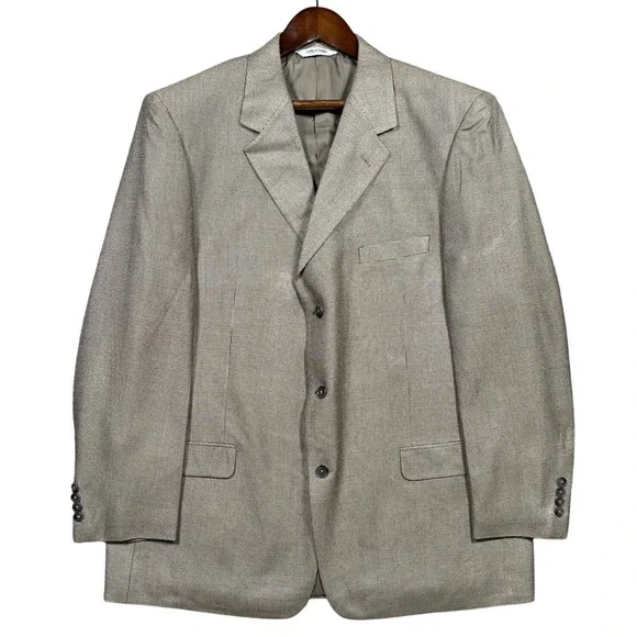 Linea‎ Uomo Blazer Mens 48 Long Tan 100% Silk 3-Button Micro-Check Sport Coat
