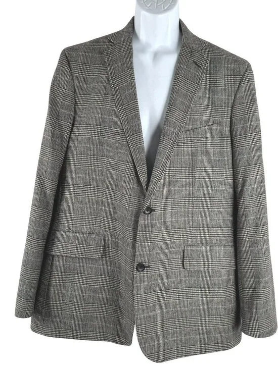 Lands' End Blazer Jacket Mens Size 44 Houndstooth Plaid Wool Blend CJ-2412