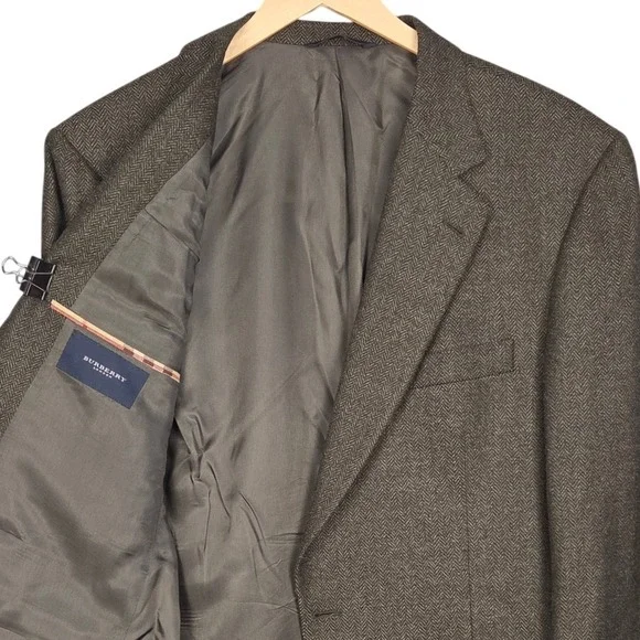 Burberry London Sport Coat Mens 44L Olive Brown Herringbone 100% Wool Blazer