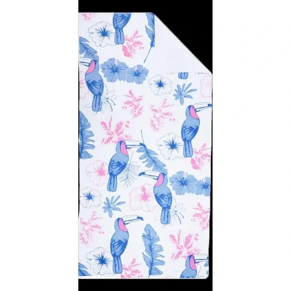 Tipsy Elves Toucan Tango Beach Towel Blue Pink White Tropical Floral 30x60  NEW