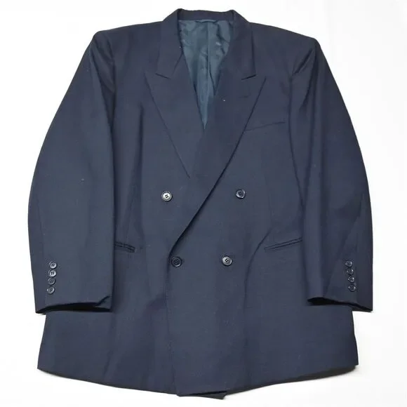 Vtg Foreman &‎ Clark 44S Navy Flannel Double Breasted Suit Jacket Sport Coat