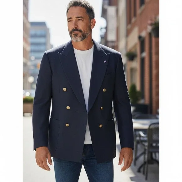Pierre Cardin‎ Blazer Navy Blue 100% Wool EUC Double Breasted Gold Buttons 42R