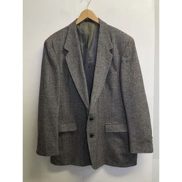 46L Towncraft Suit Jacket Sport Coat Blazer Mens Plaid Glen Check Grey Wool Blen