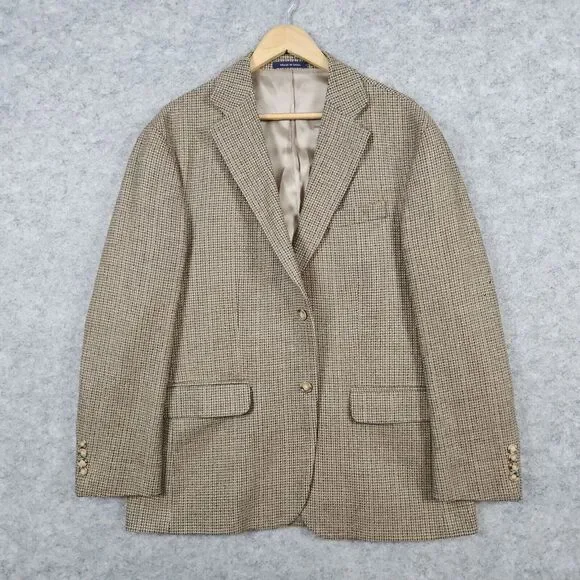 Lands End Men's Blazer Brown‎ Windowpane Tweed Size 42S 100% Lambswool PINHOLES