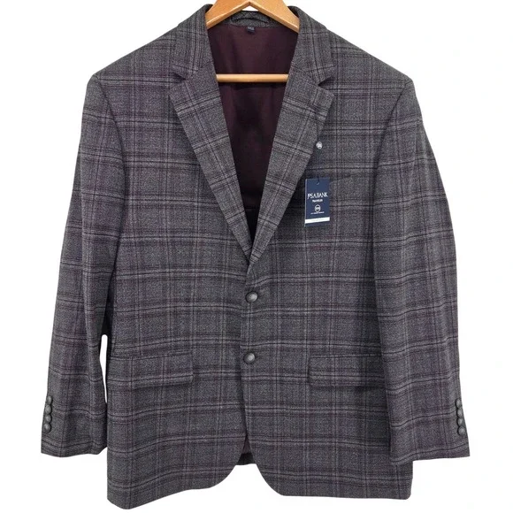 Jos A Bank‎ Traveler Blazer Mens 44R Grey Plaid Wool Blend Tailored Fit