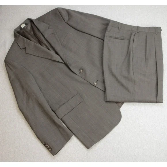Jos A Bank Suit‎ Mens Size 44R Brown Micro Check 100% Wool 2 Piece 38 x 26 Pants