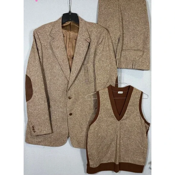 Vtg  Andhurst Donegal Tweed Wool  3 Pc Suit  Mens 42L Flare Leg Pants 37x33