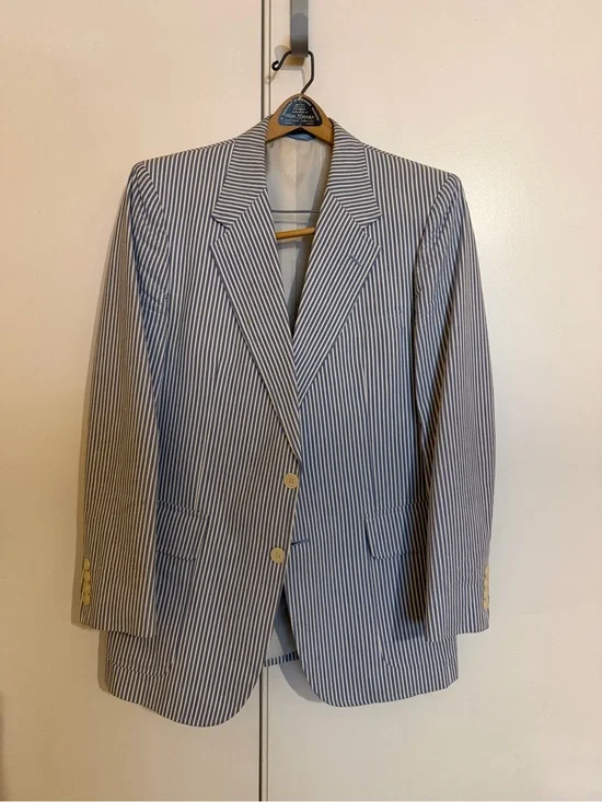 Men's Blue & White Striped Blazer - Classic Seersucker Style