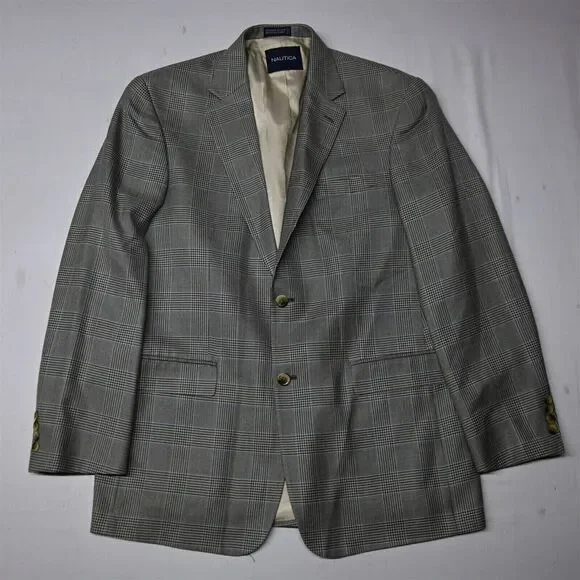 Nautica 42L Gray Glenn Check‎ Silk Wool Mens Blazer Sport Coat Jacket