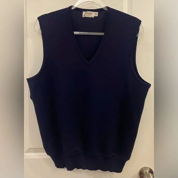 St Croix Knits Sweater Vest Sz L Navy Blue 100% Zephyr Wool Vintage