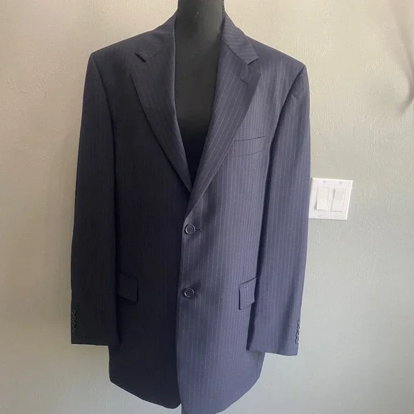 Barney New York Mens‎ Navy Blue Pinstripe 2 Piece Suit Two Button Blazer