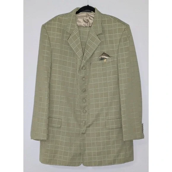 Falcone Vintage Olive Green Windowpane 7 Button Zoot Suit 44L 38W 1920s Styled