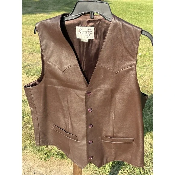 Vintage Scully Men's  44 XL Western Genuine Brown Leather Cowboy Waistcoat Vest