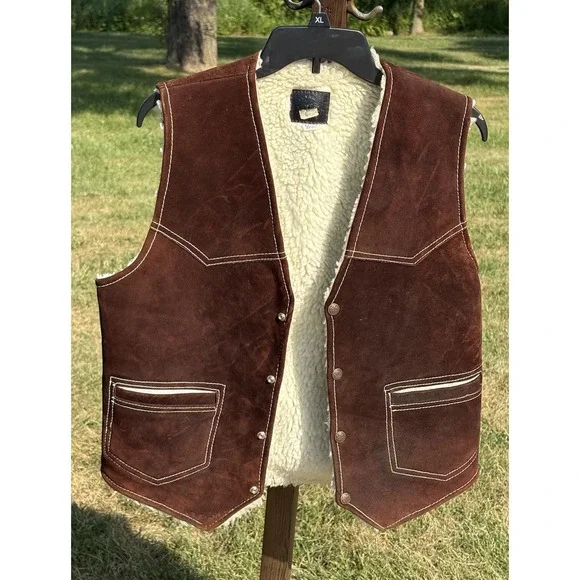 Vintage Genuine Leather Suede Shearling Lined Western Vest Tan  Medium 40 Ranch
