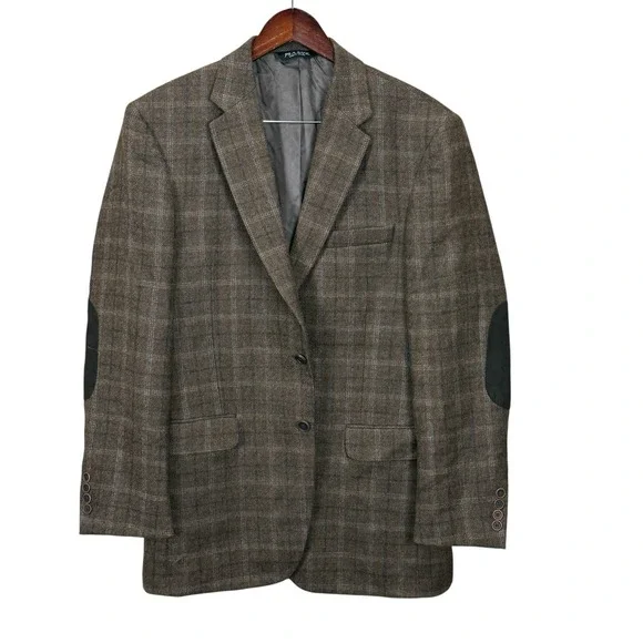 Jos A Bank 42L Brown Blazer Windowpane Wool Elbow Patch 2 Button Jacket