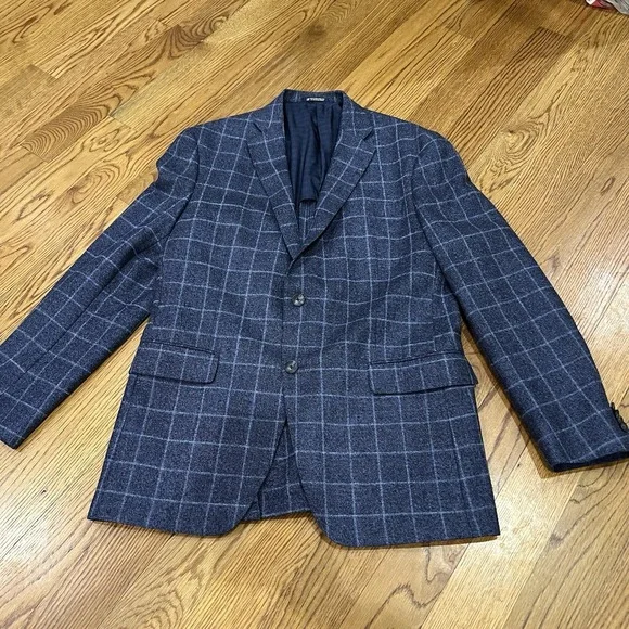 Hart Schaffner Marx Blazer Mens 44L Blue Plaid Sport Coat 2 Button Made in USA‎