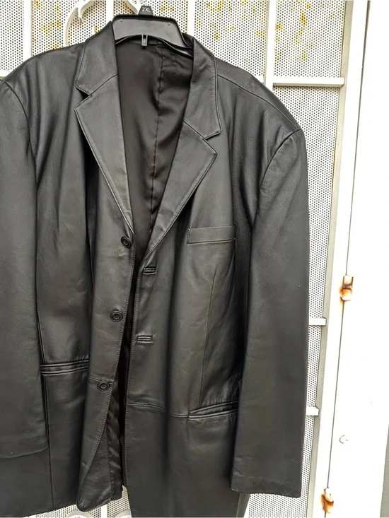 J. Ferrar Black Genuine Leather Blazer Jacket Mens XL Lined 3-Button Classic