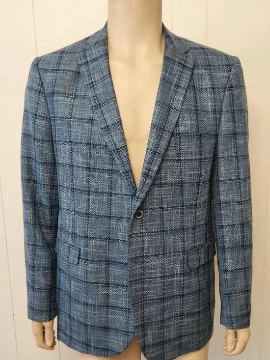 blue plaid sport coat 42R men's Tom James two button jacket