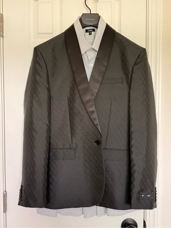 Express Men's Black Diamond-Pattern Satin Shawl Lapel Blazer