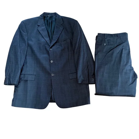 Zanetti Men's 50L Italy Made Super 150s Wool Gray Windowpane Suit 3-Button READ