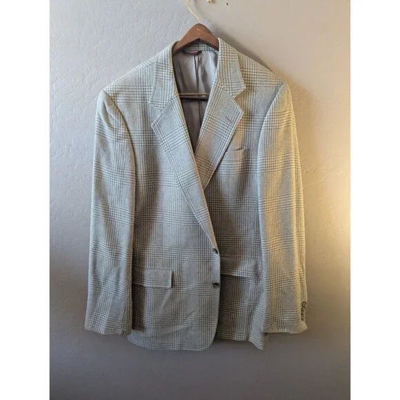 Jos A Bank Silk Glen Plaid Sport Coat 40R Blazer Jacket Gray Blue Windowpane