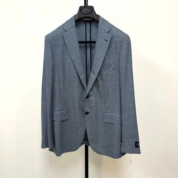 Belvest Blue Houndstooth Unstructured Sport Coat 52 NEW Super 100's Wool Blazer