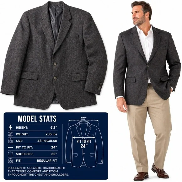 Ralph Lauren Mens 48R Charcoal Grey Herringbone Pure New Wool Sport Coat Blazer
