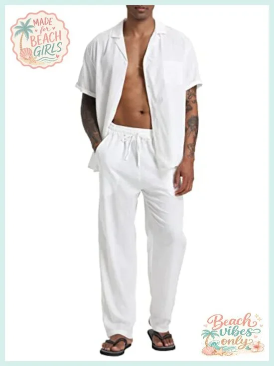 Men's Linen 2 Piece Outfit Set Short Sleeve Camp Shirt & Drawstring Pants