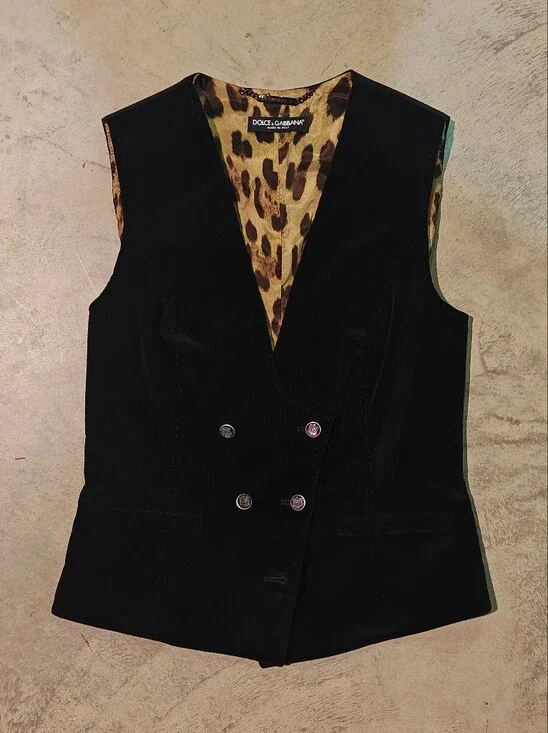 Dolce & Gabbana Vintage Corduroy Leopard Lined Double-Breasted Vest IT 42 / US 6