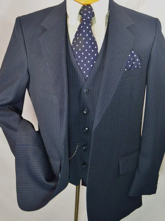 Vtg 70's 80's Sears Comfort Suit 3 piece Blue Gold Pinstripe 42 R 33 x 30 Slim
