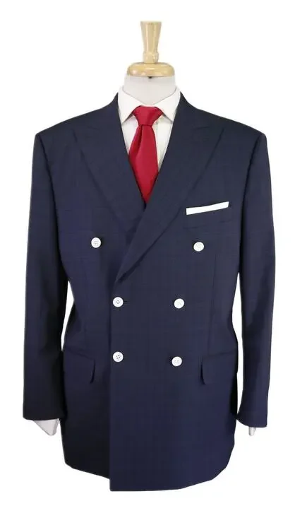 Peter Millar Navy Blue Black Plaid Check Black Double Breasted Wool Suit 44R