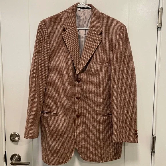 Richard Bennett Men Custom Tailored Houndstooth Blazer Brown Wool Sport Coat USA