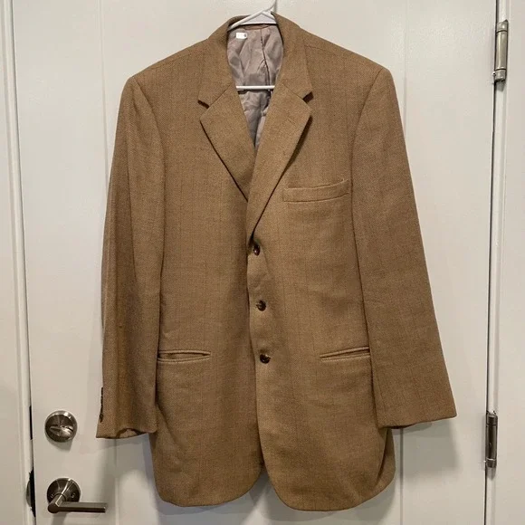 Richard Bennett Mens Tan Herringbone Custom Tailored 3-Button Blazer Sport Coat