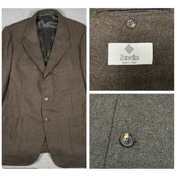 Zanella Blazer Mens 44R Brown Herringbone Wool Cashmere Blend Sports Coat‎ Tweed