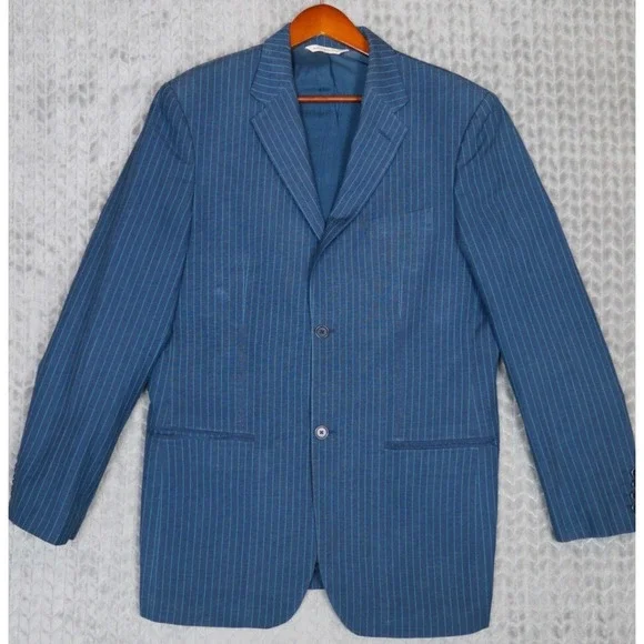 Perry Ellis Mens 42 Regular Blue Pinstripe Linen Blend 2 Button Blazer Jacket
