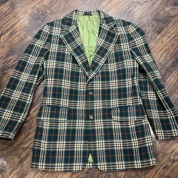 Vintage Cricketeer Blazer Sport Coat Mens 40R Green Orange Plaid Jacket 70s