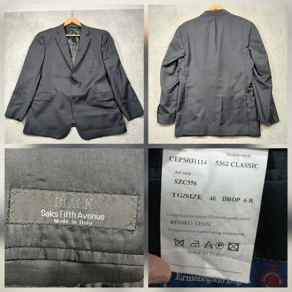 Saks Fifth‎ Avenue Blazer Men's 46R Gray Wool Blend Zegna Cloth Classic Fit
