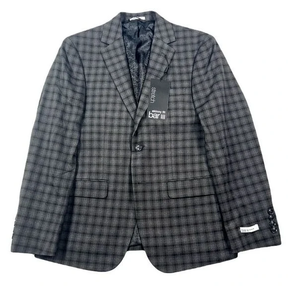 Bar III Check‎ Blazer Mens 38S 38 Brown Check Skinny-Fit Suit Jacket $425 NEW