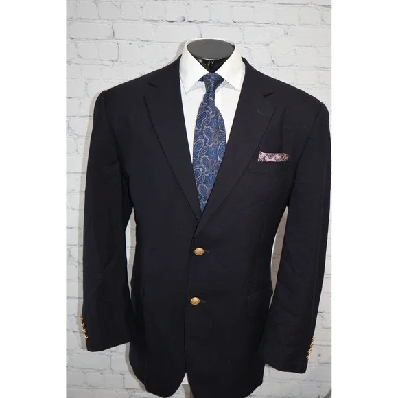 Jos. A. Bank Blazer Jacket Mens 44R Navy Blue 2-Button Gold Crest Buttons Wool