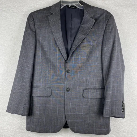 Jos A Bank Traveler's Collection Gray Windowpane Plaid 100% Wool Blazer 40R