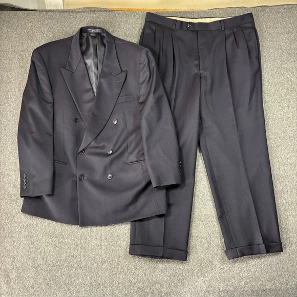 Albert Nipon Lord & Taylor Navy Blue Double Breasted Wool Suit 44R 40X30 Pleated